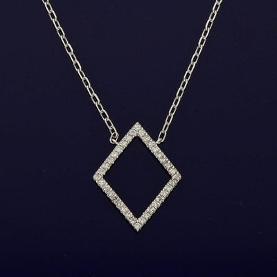 18ct White Gold Lozenge Shape Outline Diamond Pendant Necklace - GoldArts