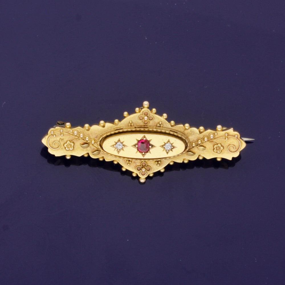 15ct Yellow Gold Antique Ruby and Diamond Brooch - GoldArts