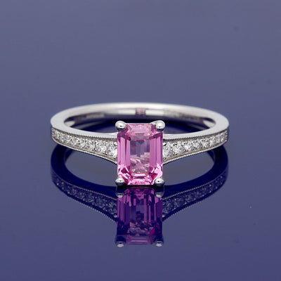 18ct White Gold Pink Sapphire Ring with Diamond Set Shoulders