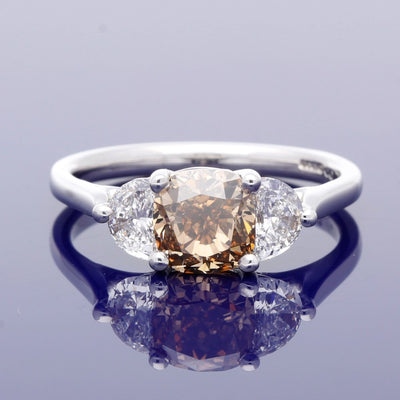 18ct White Gold Trilogy Ring with Certificated Natural Cognac 1.73ct Diamond and Half Moon Diamonds