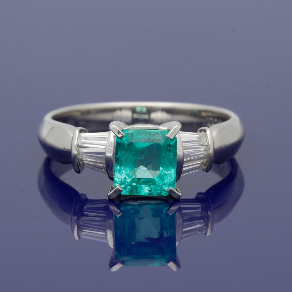 Platinum Emerald & Baguette Diamond Ring
