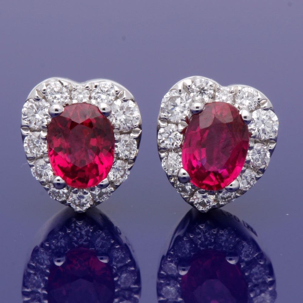 18ct White Gold Ruby and Diamond Heart Stud Earrings - GoldArts
