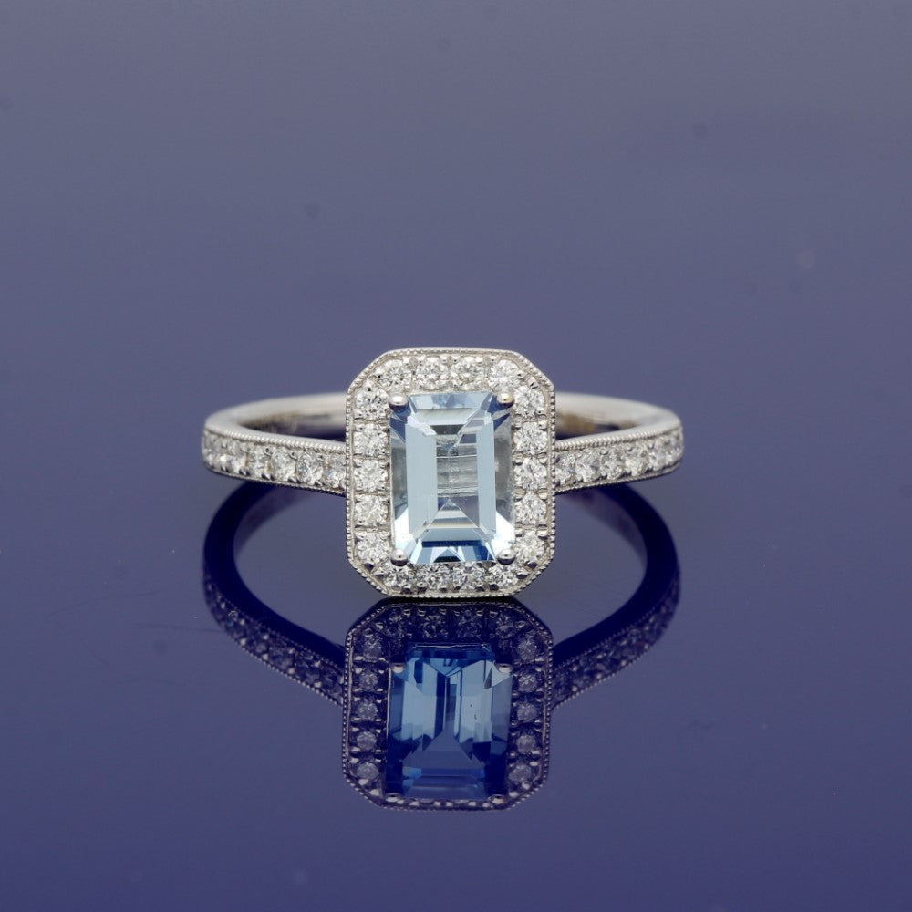 18ct White Gold Aquamarine & Diamond Halo Ring with Diamond Set Shoulders