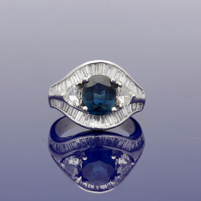 18ct White Gold Cocktail Ring with Sapphire, Baguette and Heart Shaped Diamonds