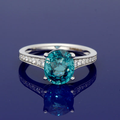18ct White Gold Blue Zircon and Diamond Ring