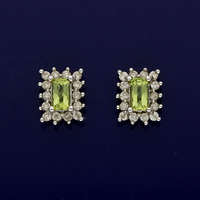 9ct White Gold Emerald Cut Peridot and Diamond Cluster Earrings