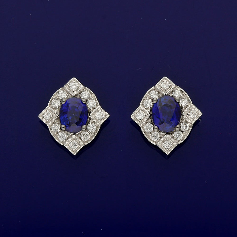 18ct White Gold Sapphire and Diamond Art Deco Cluster Earrings