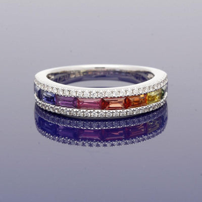 18ct White Gold Rainbow Sapphire and Diamond Half Eternity Ring - GoldArts