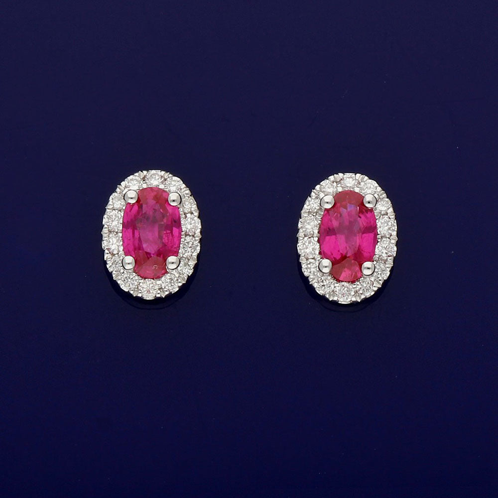 18ct White Gold Ruby & Diamond Oval Cluster Earrings