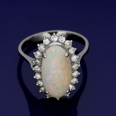 14ct White Gold Large Opal & Diamond Oval Cluster Ring