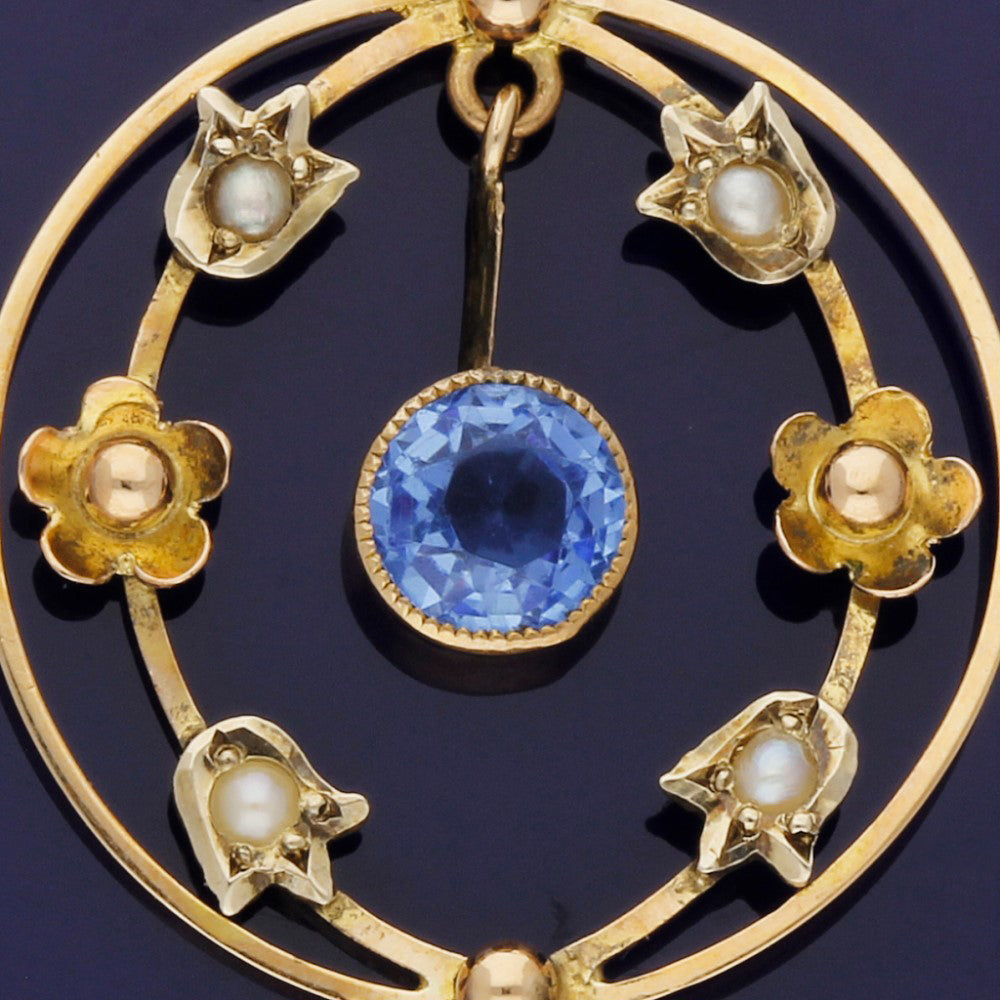 9ct Rose Gold Seed Pearl and Blue Gemstone Circular Vintage Pendant