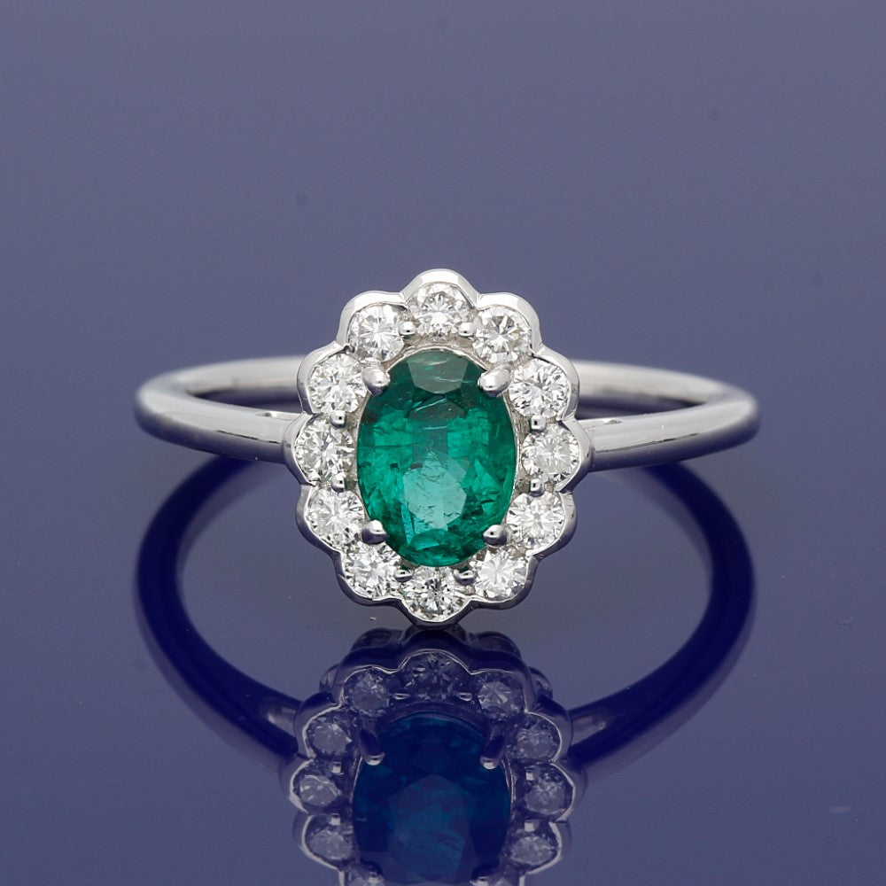 18ct White Gold Emerald & Diamond Oval Cluster Ring