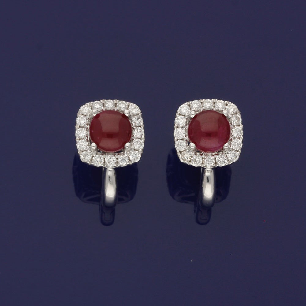 14ct White Gold Cabochon Ruby & Diamond Cluster Earrings