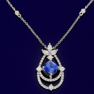 18ct White Gold Ornate Sapphire & Diamond Necklace - GoldArts