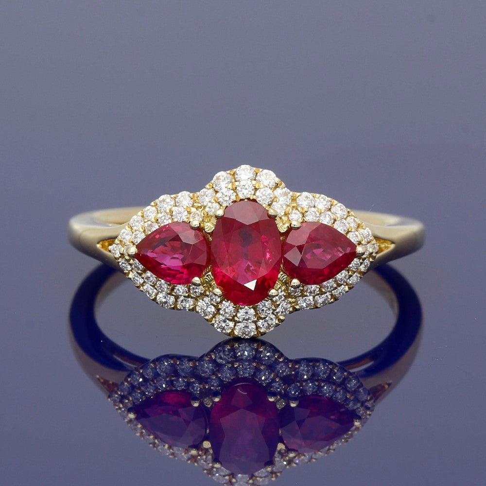 18ct Yellow Gold Ruby & Diamond Trilogy Cluster Ring