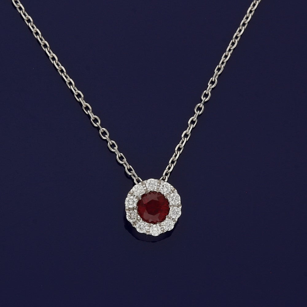 18ct White Gold Ruby and Diamond Halo Necklace