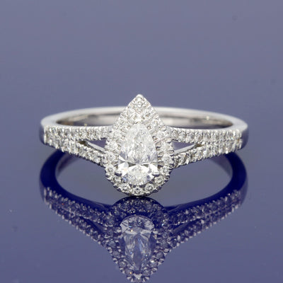 18ct White Gold Certificated Pear Cut Diamond Halo Ring