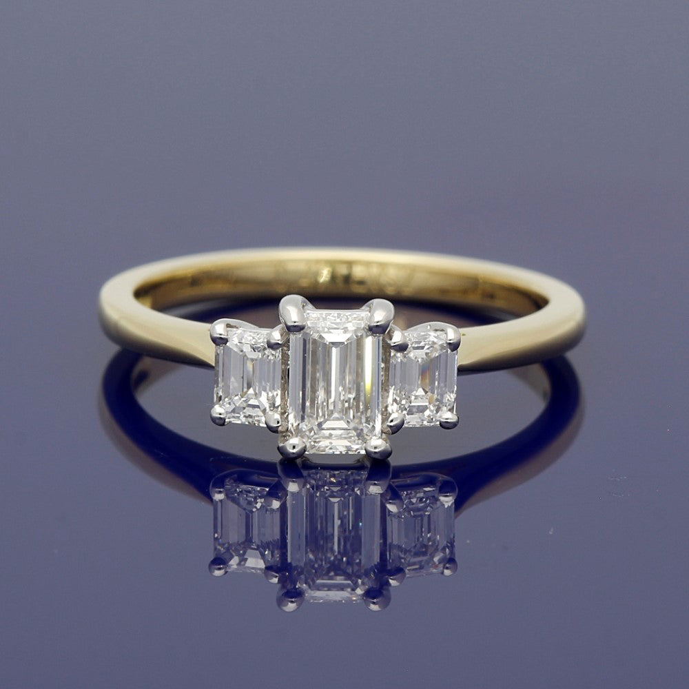 18ct Yellow Gold Certificated Emerald Cut Diamond Trilogy Ring