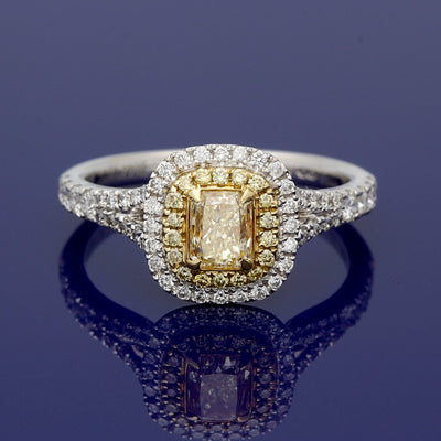 18ct White Gold Natural Yellow Diamond and White Diamond Halo Cluster Ring