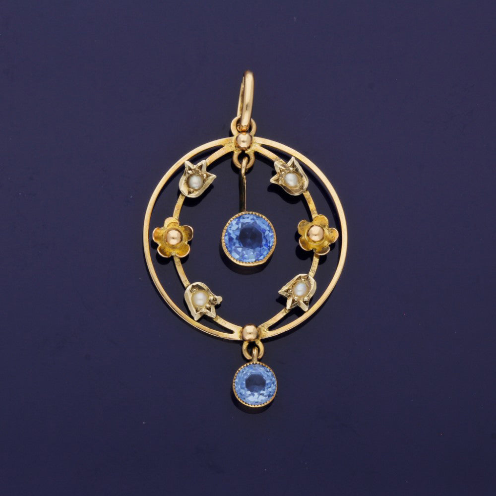 9ct Rose Gold Seed Pearl and Blue Gemstone Circular Vintage Pendant
