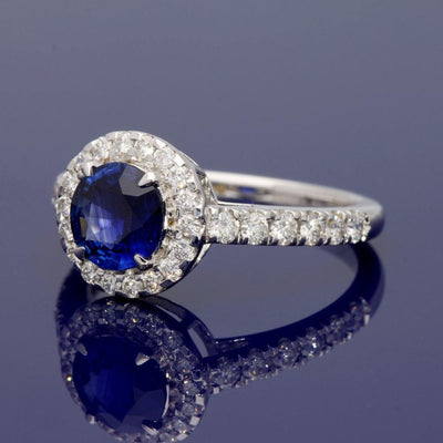 18ct White Gold Sapphire and Diamond Cluster Ring with Diamond Set Shoulders - GoldArts