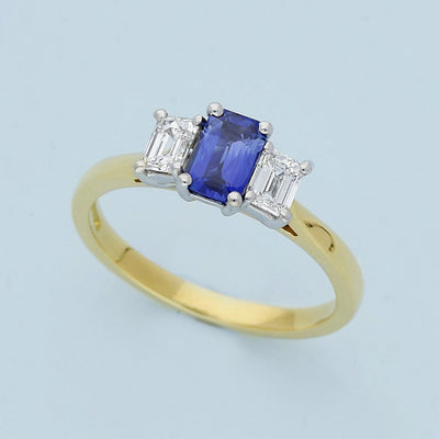 18ct Yellow Gold Emerald Cut Sapphire & Diamond Trilogy Ring