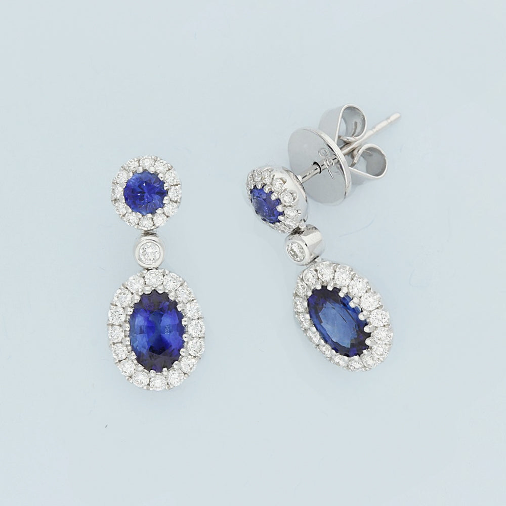 18ct White Gold Sapphire & Diamond Halo Cluster Drop Earrings