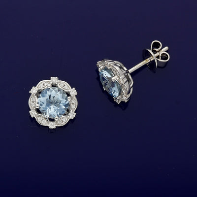 18ct White Gold Aquamarine and Diamond Cluster Stud Earrings