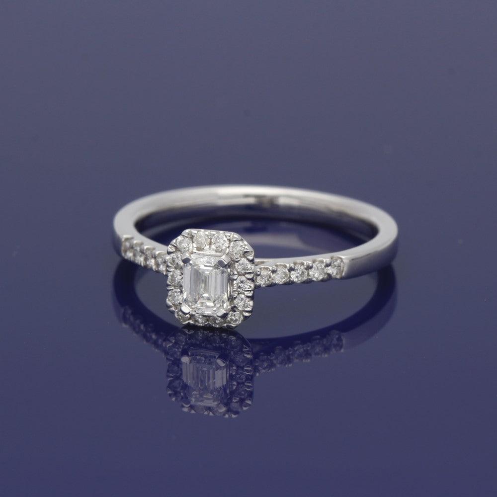 18ct White Gold Certificated Emerald Cut Diamond Halo Ring - GoldArts