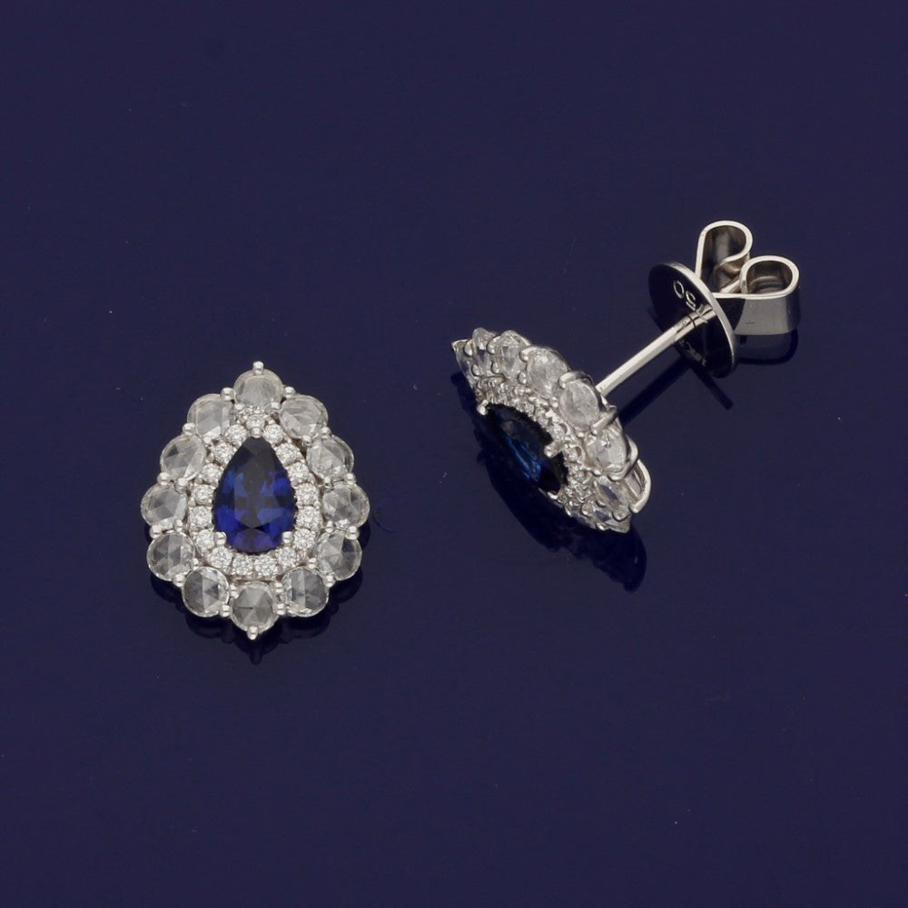 18ct White Gold Sapphire and Rose Cut Diamond Tear Drop Stud Earrings