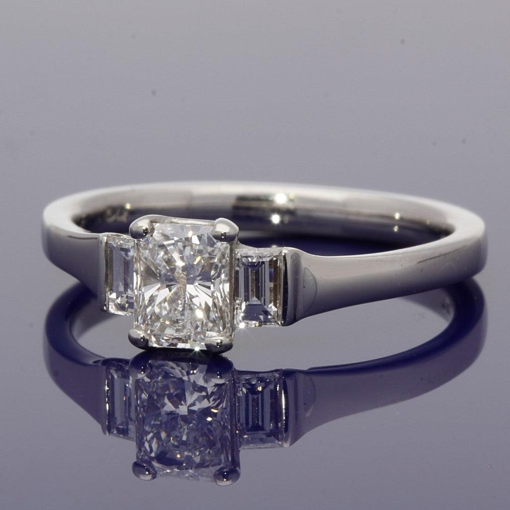 18ct White Gold Radiant and Baguette Cut Certificated Diamond Trilogy Ring - GoldArts