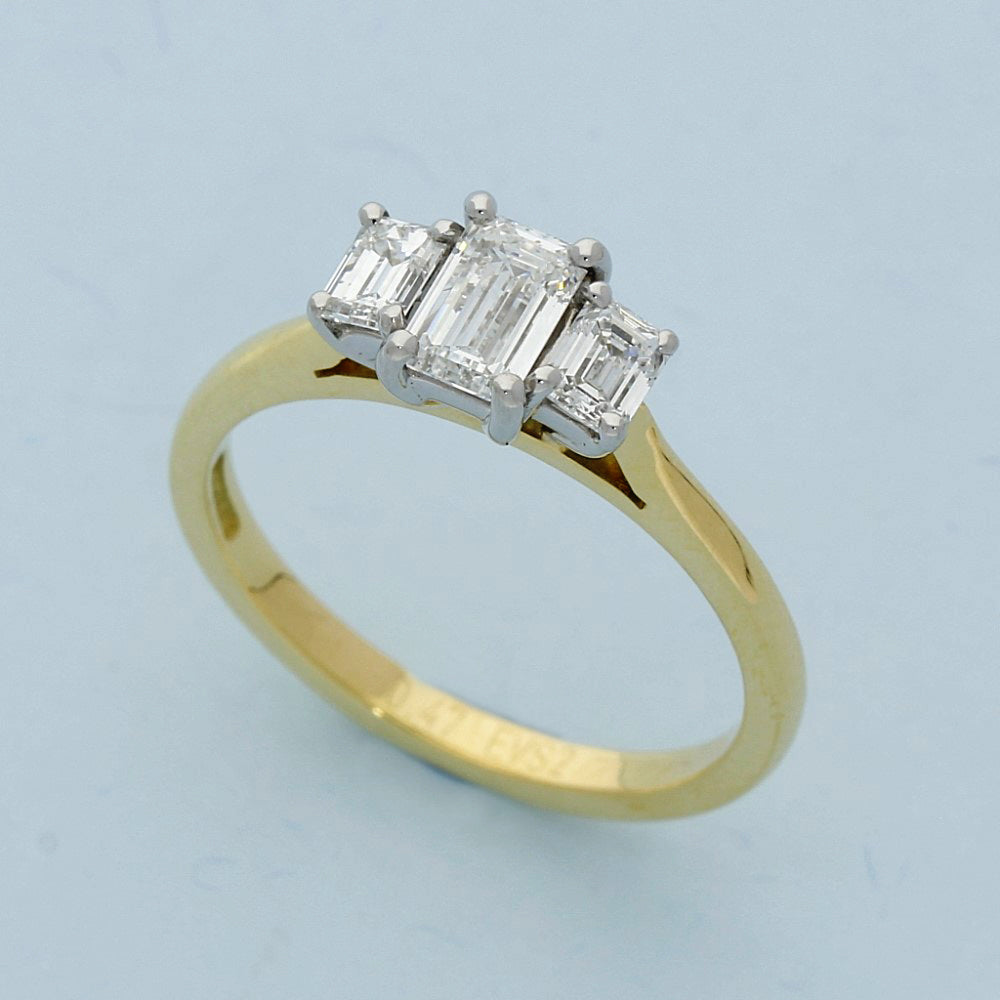 18ct Yellow Gold Certificated Emerald Cut Diamond Trilogy Ring