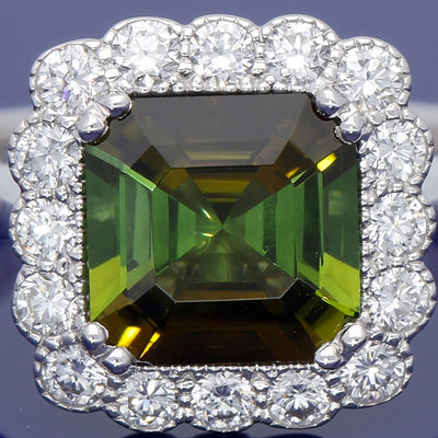 18ct White Gold Green Tourmaline & Diamond Halo Cluster Ring