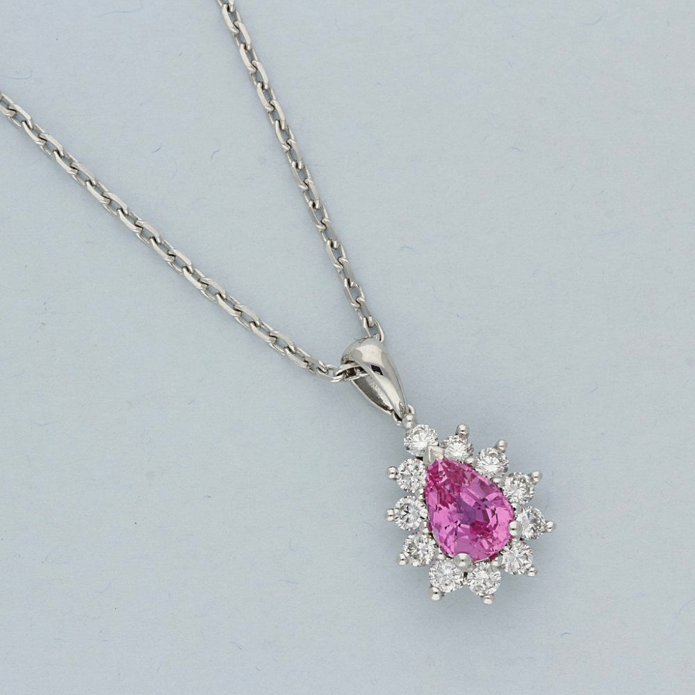 18ct White Gold Pink Sapphire and Diamond Teardrop Pendant