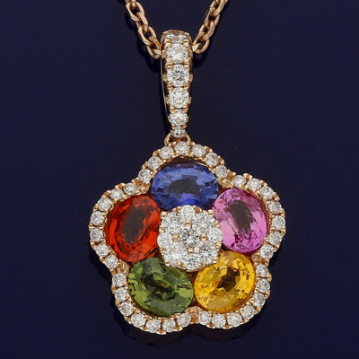 18ct Rose Gold Rainbow Sapphire & Diamond Flower Necklace