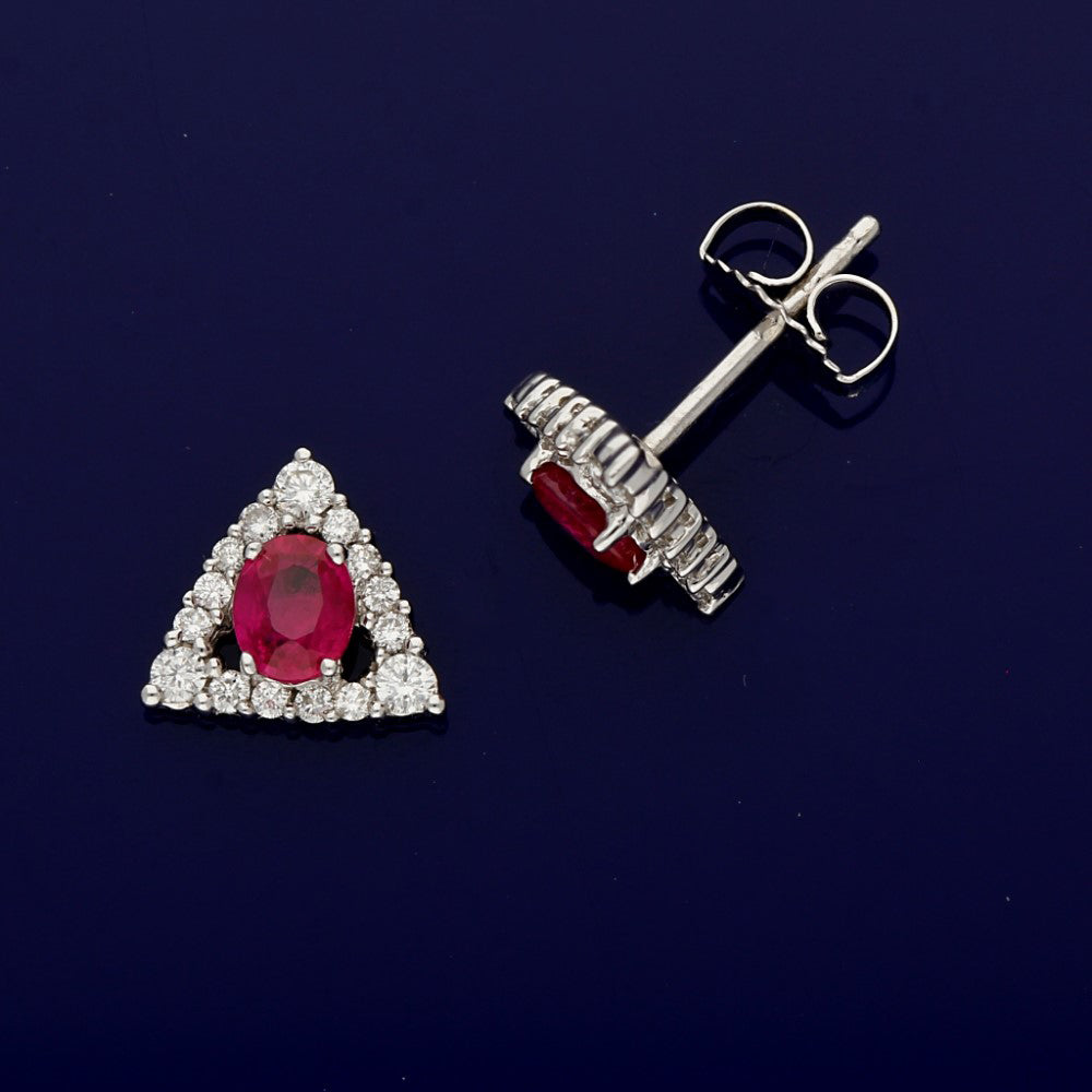 18ct White Gold Ruby and Diamond Triangle Cluster Stud Earrings