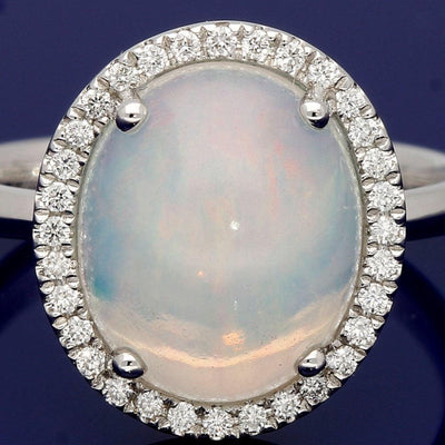 18ct White Gold Large Opal & Diamond Oval Cluster Ring - GoldArts