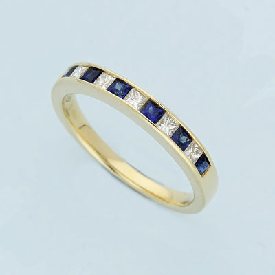 18ct Yellow Gold Sapphire & Princess Cut Diamond Half Eternity Ring