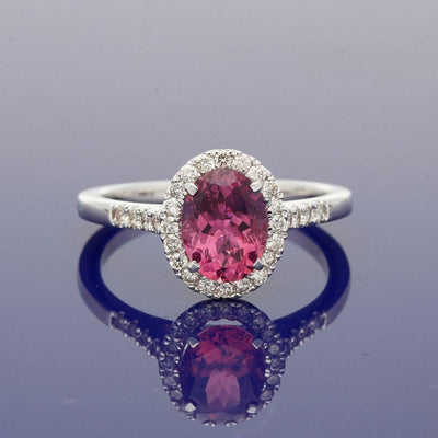 18ct White Gold Pink Tourmaline and Diamond Oval Cluster Ring - GoldArts