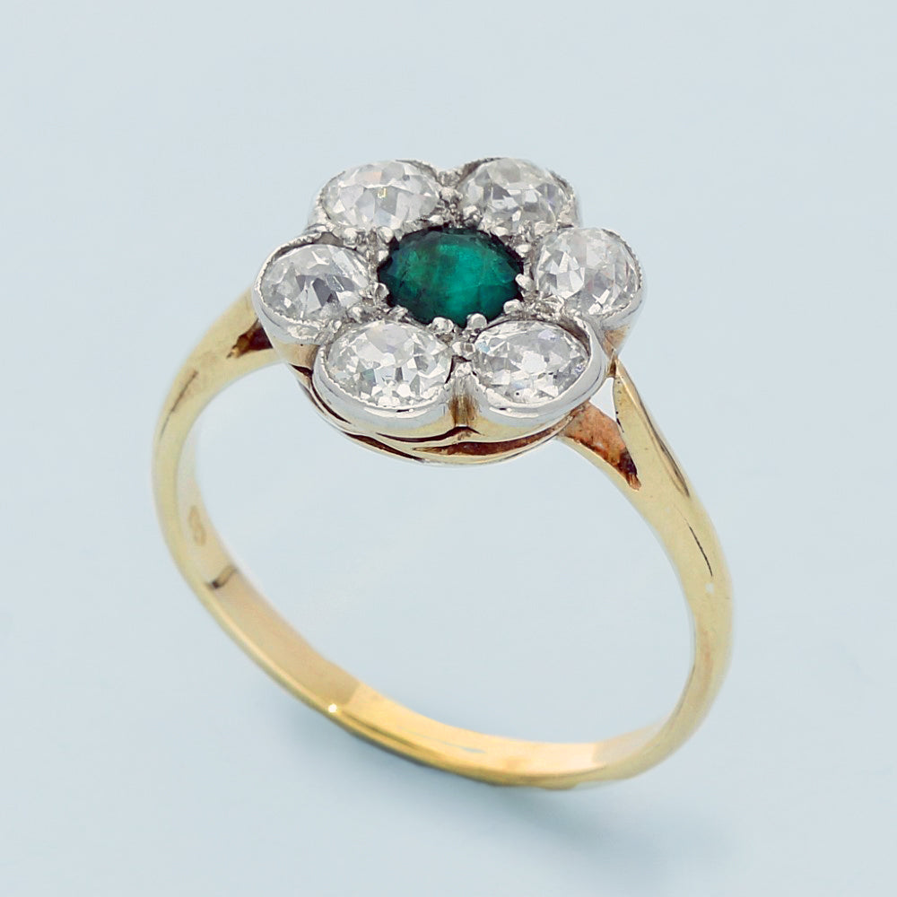 Vintage 9ct Yellow Gold Emerald and Old Cut Diamond Ring