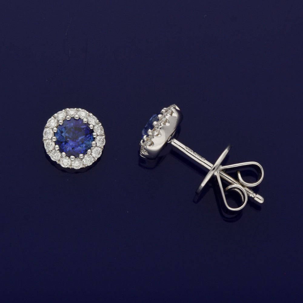 18ct White Gold Sapphire and Diamond Halo Cluster Studs Earrings