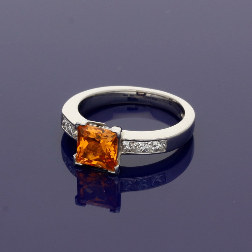Platinum Spessartine Orange Garnet Ring with Princess Cut Diamonds