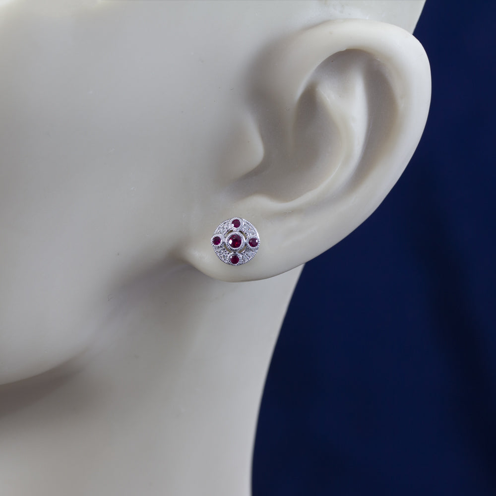 18ct White Gold Ruby and Diamond Cluster Stud Earrings