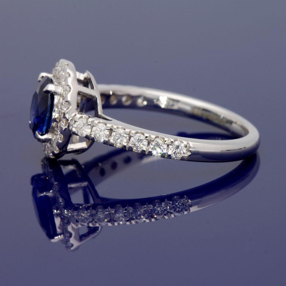 18ct White Gold Sapphire and Diamond Cluster Ring with Diamond Set Shoulders - GoldArts