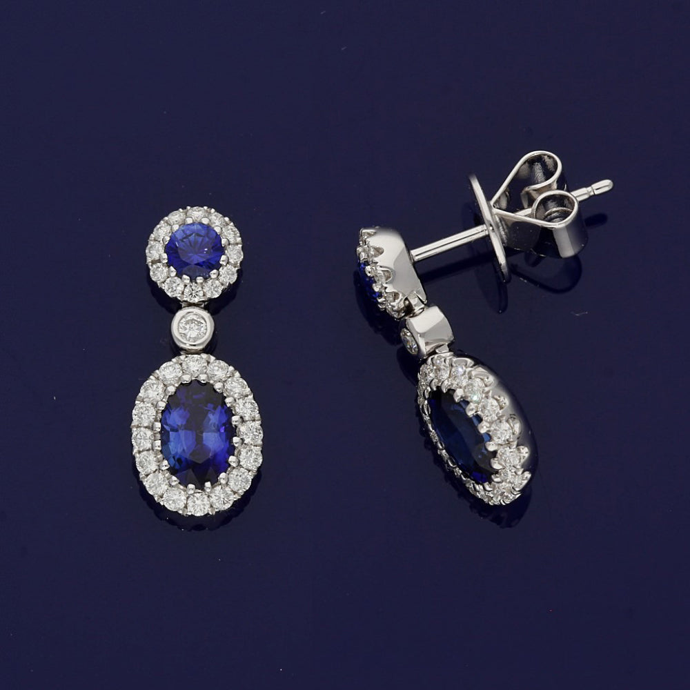 18ct White Gold Sapphire & Diamond Halo Cluster Drop Earrings