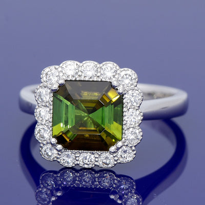 18ct White Gold Green Tourmaline & Diamond Halo Cluster Ring