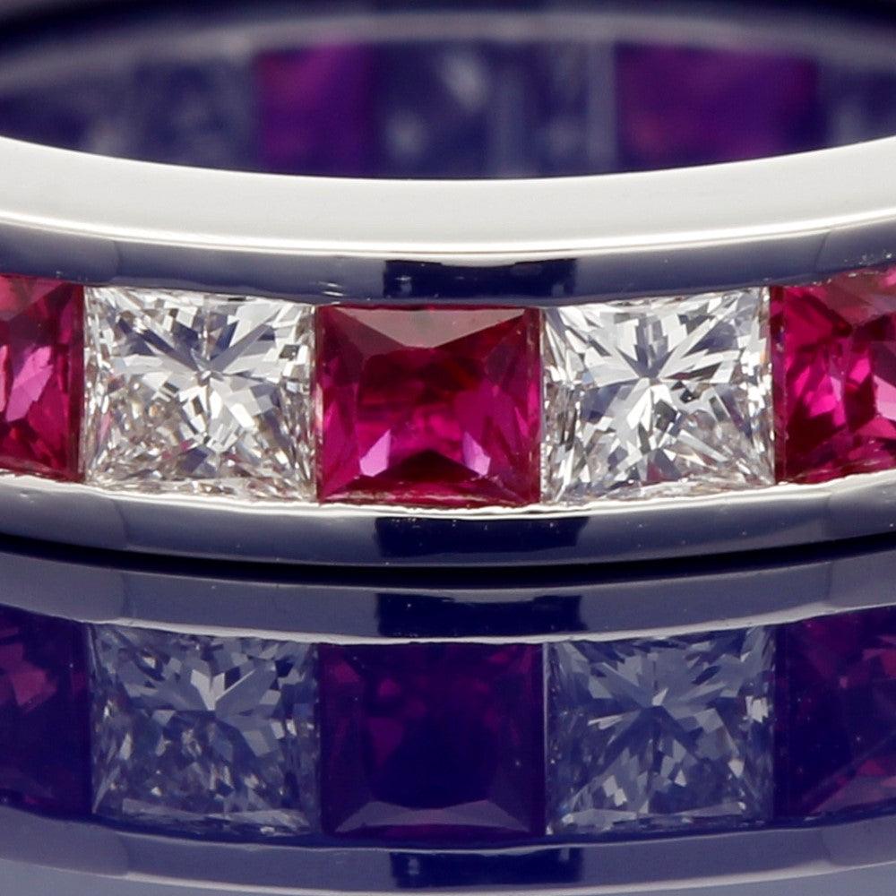 18ct White Gold Channel Set Princess Cut Ruby and Diamond Full Eternity Ring - GoldArts