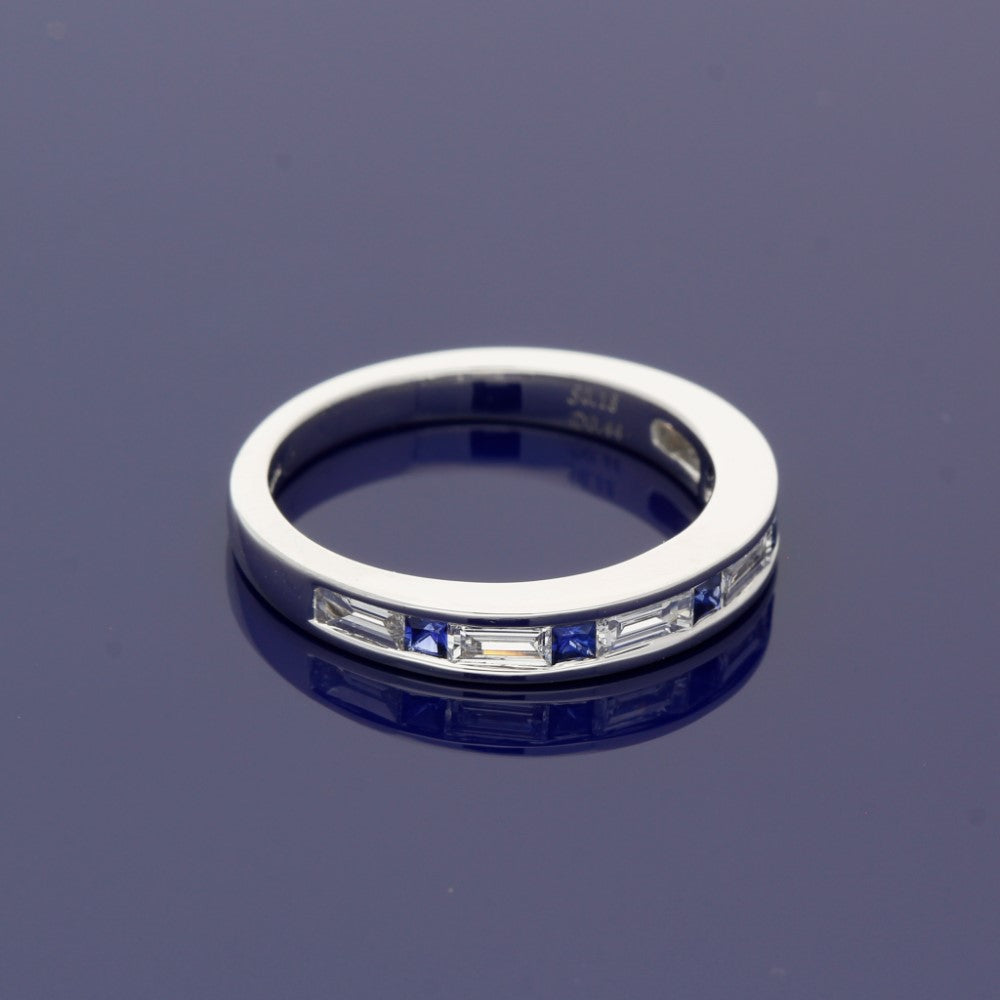 18ct White Gold Sapphire & Baguette Cut Diamond Half Eternity Ring