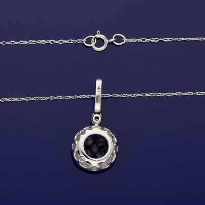 14ct White Gold Round Amethyst and Diamond Halo Pendant Necklace