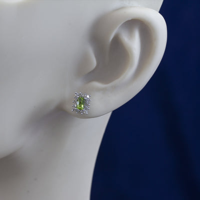 9ct White Gold Emerald Cut Peridot and Diamond Cluster Earrings